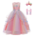 roze Eenhoorn prinsessenjurk met haarband en handschoenen