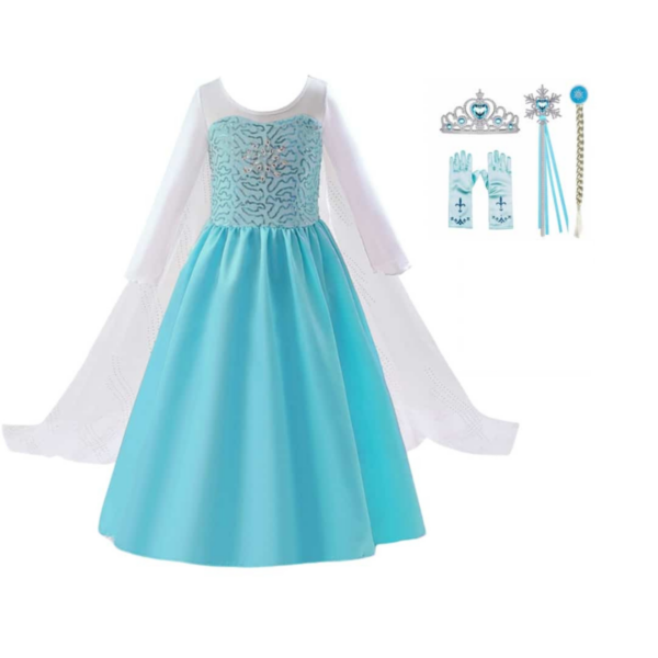 Frozen Elsa prinsessenjurk met witte lange sleep inclusief kroon, toverstaf, handschoenen en vlecht