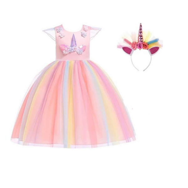 Roze Unicorn jurk met een haarband