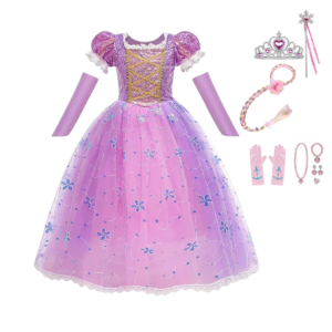 Paarse Rapunzel prinsessenjurk + 10 delig accessoireset