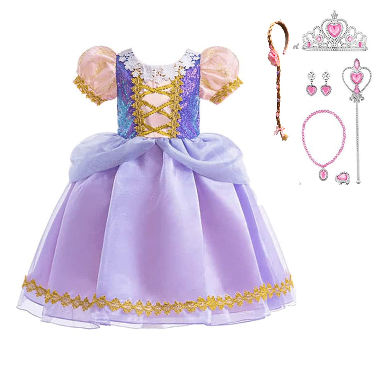 paarse Rapunzel prinsessenjurk met roze accessoires