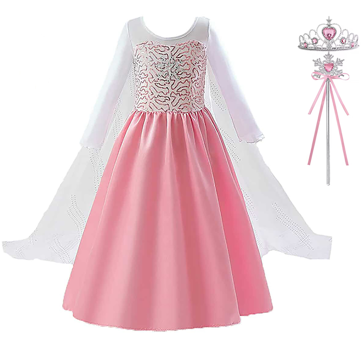 Roze prinsessenjurk  + kroon, toverstaf