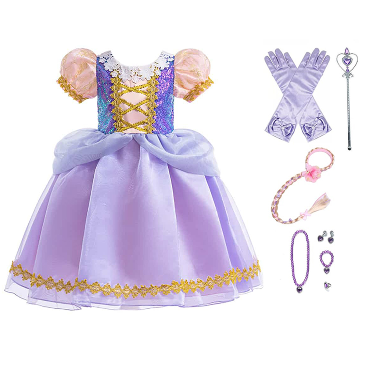 Rapunzel jurk + handschoenen + haarband