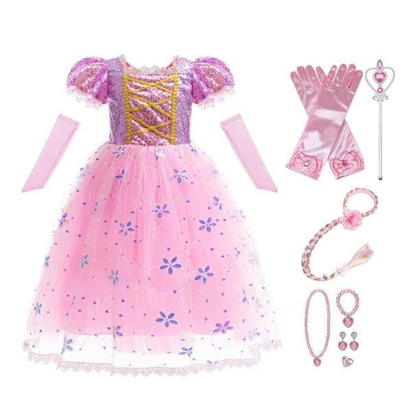 Rapunzel jurk + toverstaf + haarband met vlecht