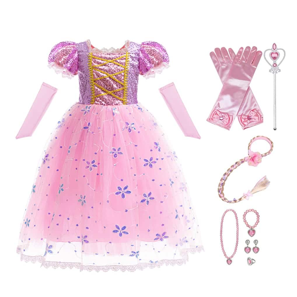 Rapunzel jurk + toverstaf + haarband met vlecht