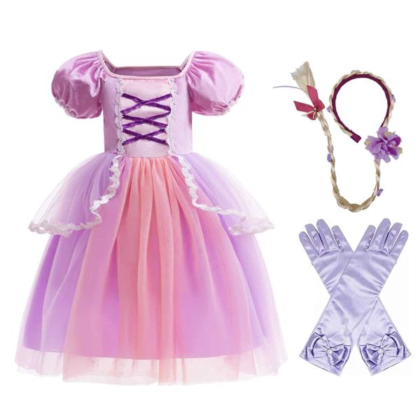 Rapunzel jurk  + haarband paarse bloemen