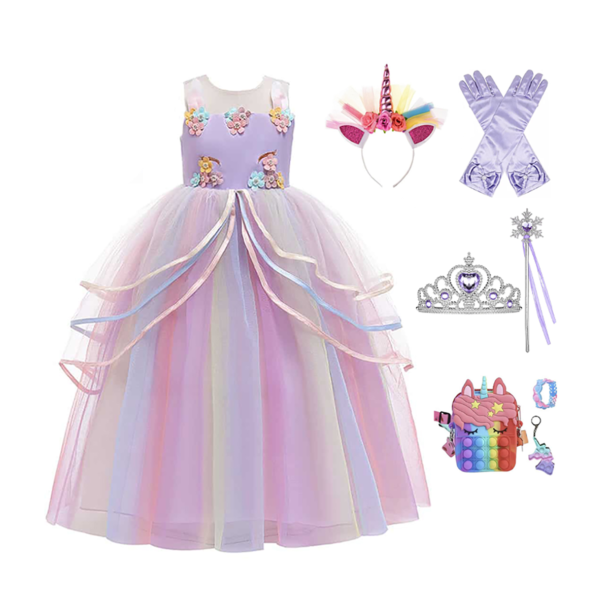 Unicorn Jurk - Eenhoorn Jurk - Paars - Haarband + Paarse prinsessenhandschoenen