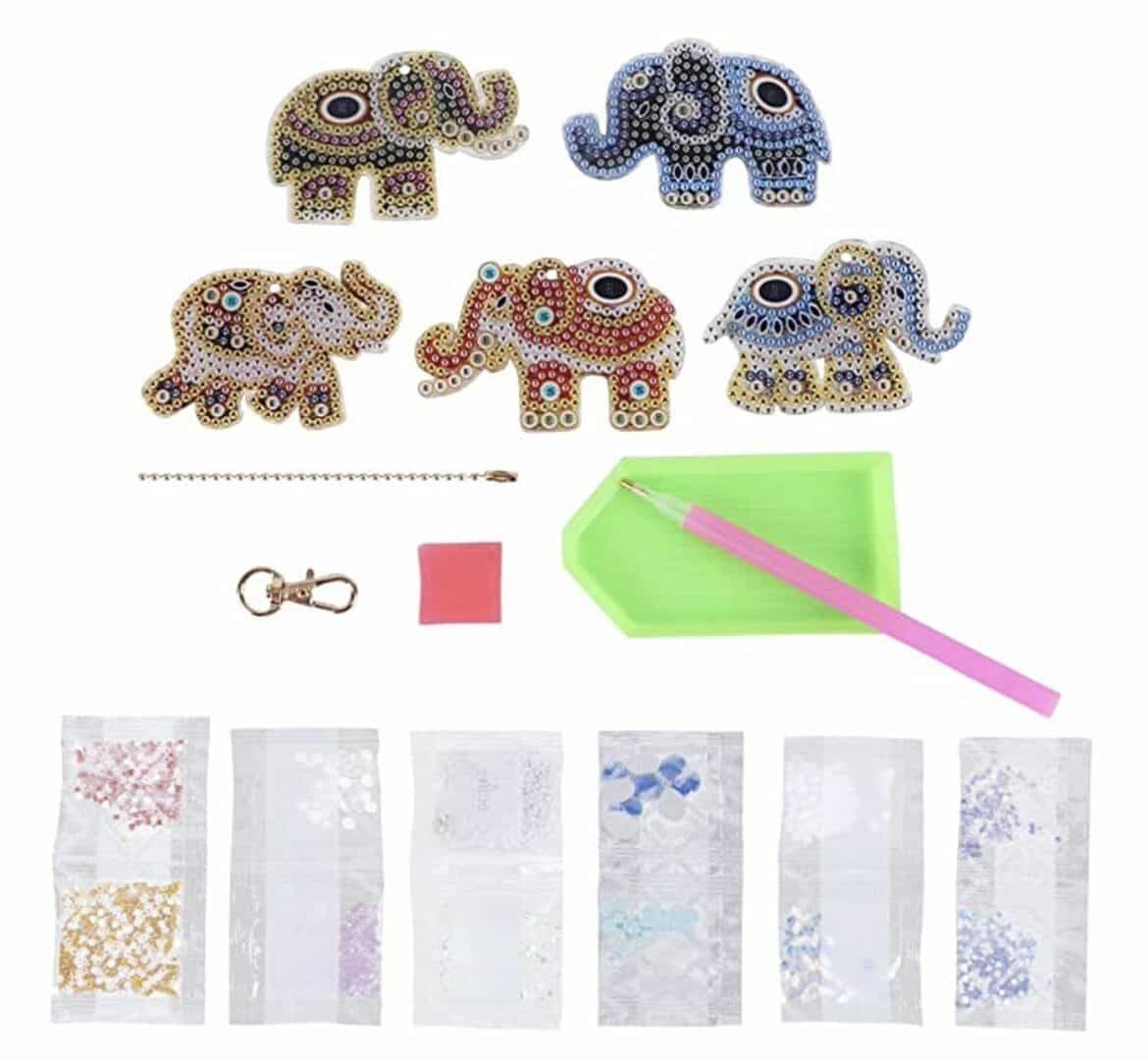 Diamond Painting Sleutelhanger - Dubbelzijdig - Olifant - Dieren - 5 x sleutelhanger - Volwassenen - Hobby - Kinderen - volledig pakket - Kinderfeestje - Zelf sleutelhanger maken - Hanger voor aan je tas - Afbeelding 2
