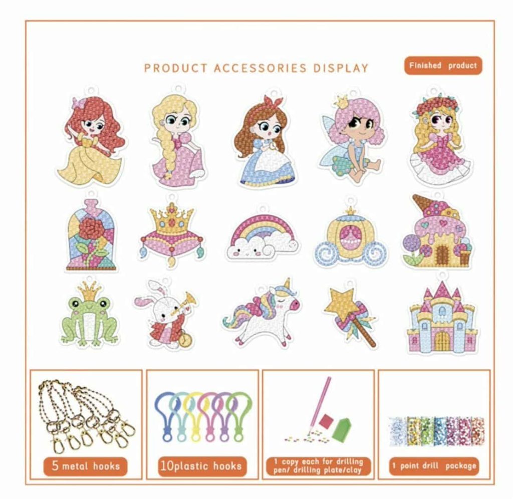 Diamond Painting Sleutelhangers - Dubbelzijdig - 15 x sleutelhanger - Hobby - Prinses - Kinderen - volledig pakket - Kinderfeestje - maak je eigen prinsessen sleutelhanger - Hanger - Afbeelding 2