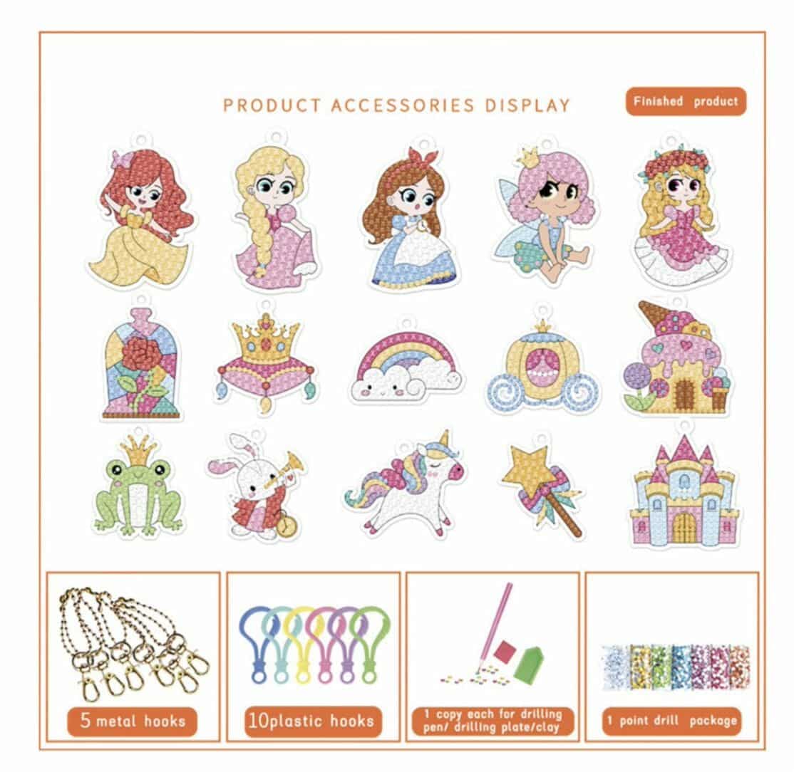 Diamond Painting Sleutelhangers - Dubbelzijdig - 15 x sleutelhanger - Hobby - Prinses - Kinderen - volledig pakket - Kinderfeestje - maak je eigen prinsessen sleutelhanger - Hanger - Afbeelding 2