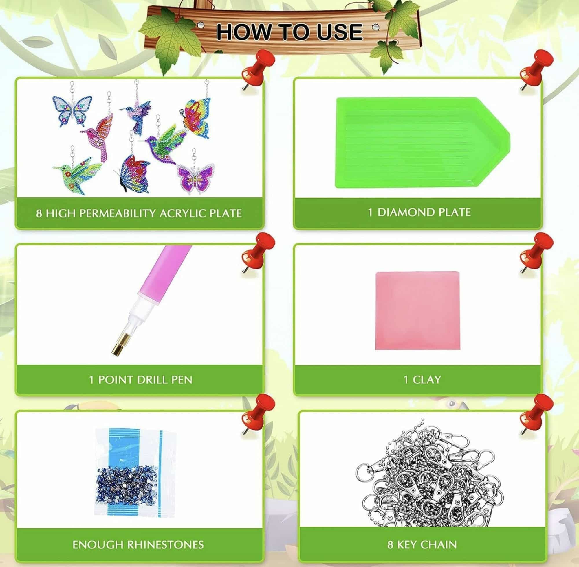 Diamond Painting Sleutelhanger - 8 stuks - Dubbelzijdig - Vogel - Vlinder - Hobby - Afbeelding 3