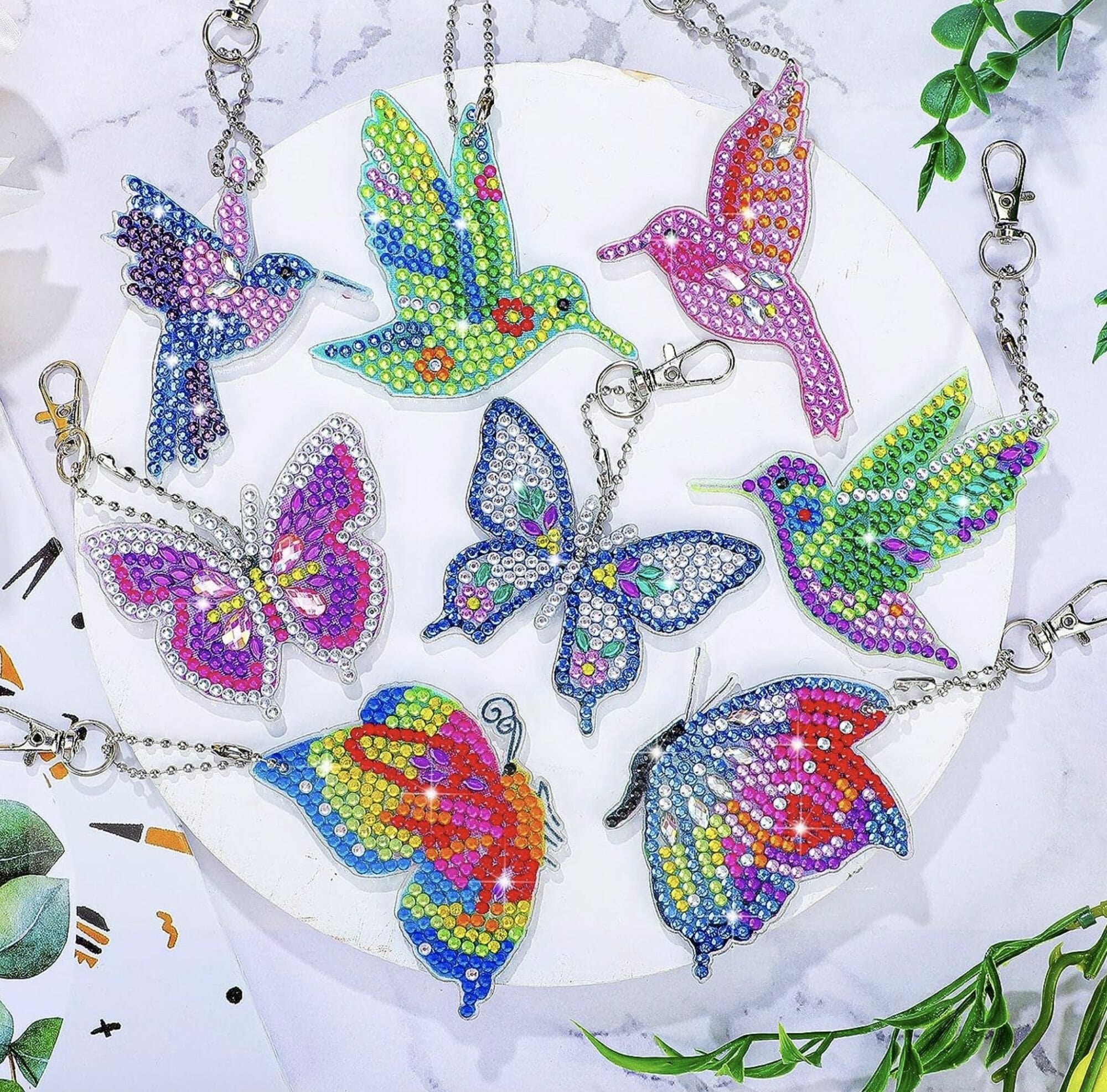 Diamond Painting Sleutelhanger - 8 stuks - Dubbelzijdig - Vogel - Vlinder - Hobby - Afbeelding 4