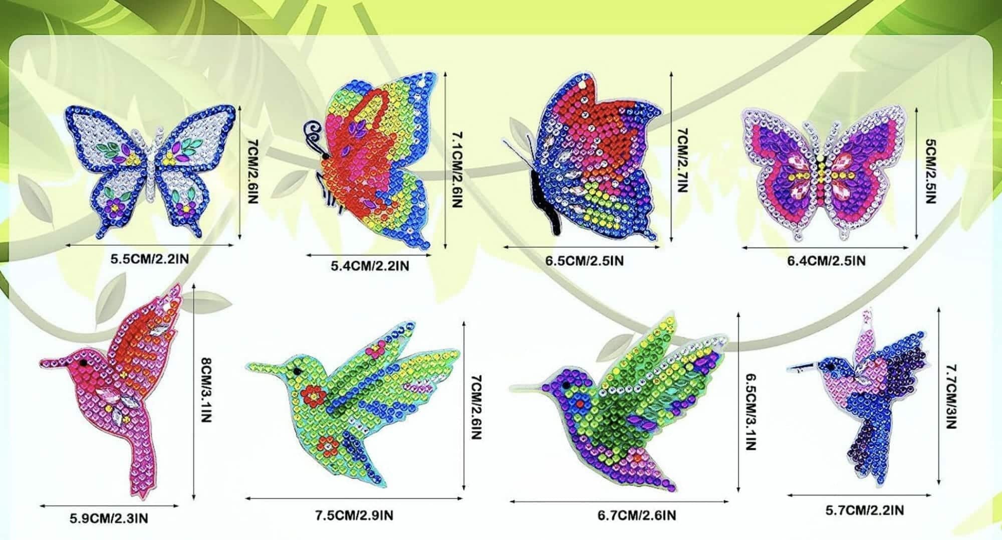 Diamond Painting Sleutelhanger - 8 stuks - Dubbelzijdig - Vogel - Vlinder - Hobby - Afbeelding 2