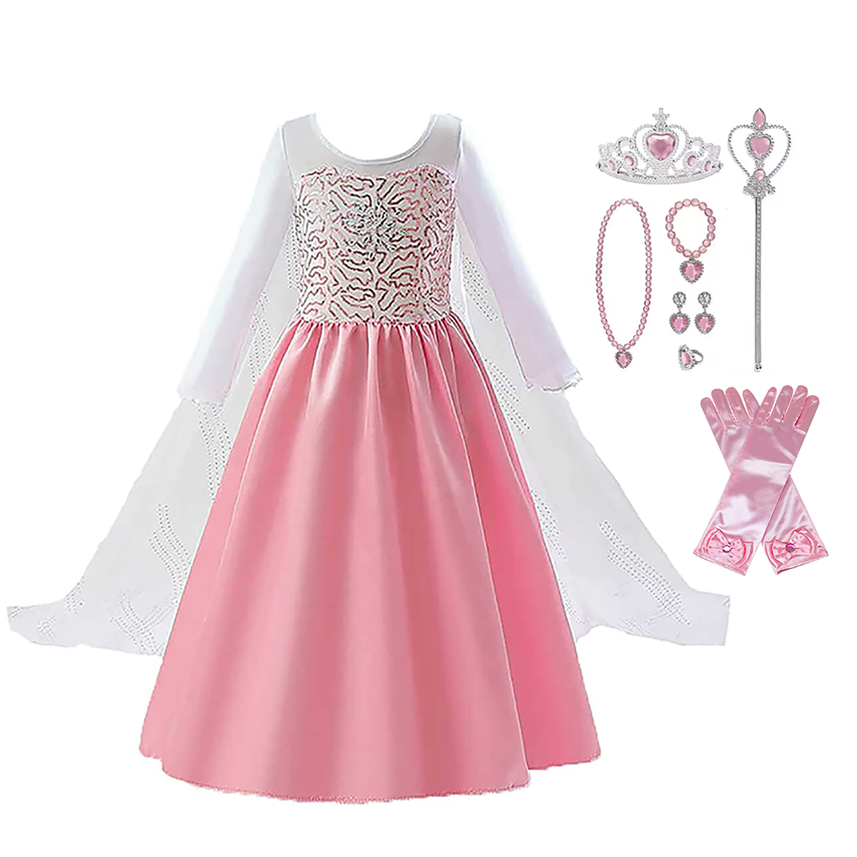 Roze prinsessenjurk met lange sleep + accessoires