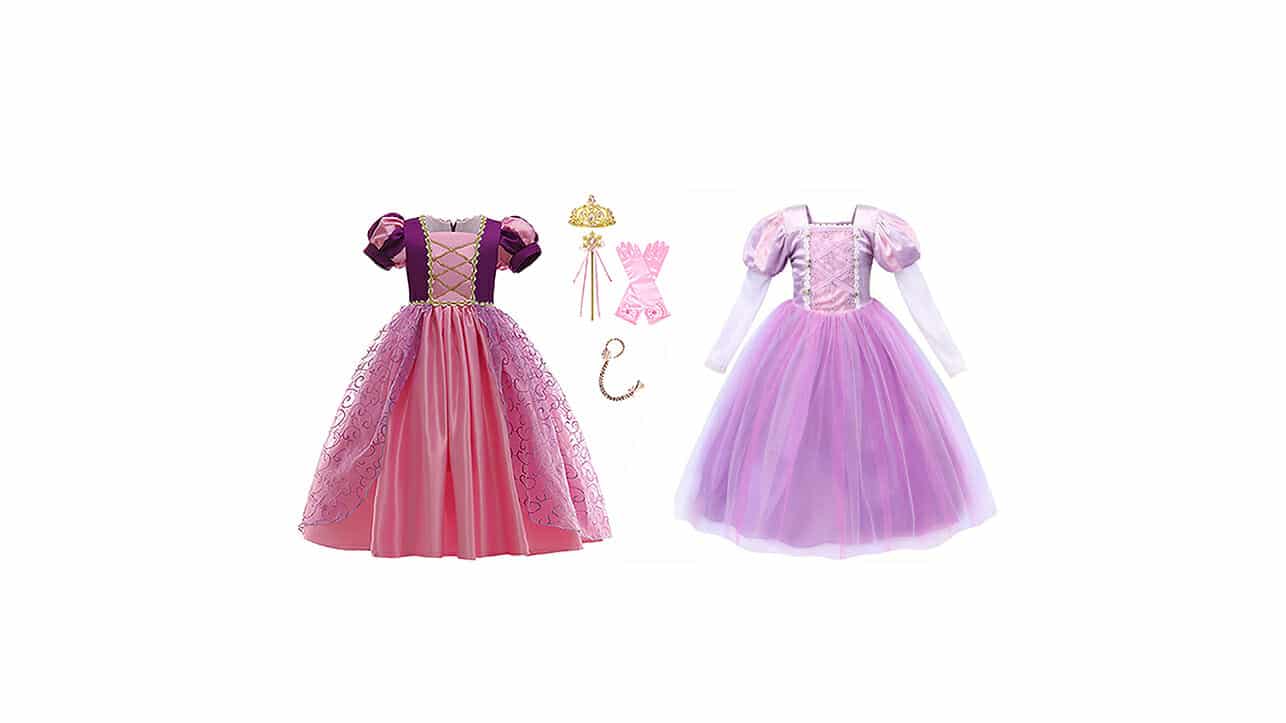 2x Rapunzel Deluxeprinsessenjurken+Rapunzel haarband+Toverstaf/Kroon