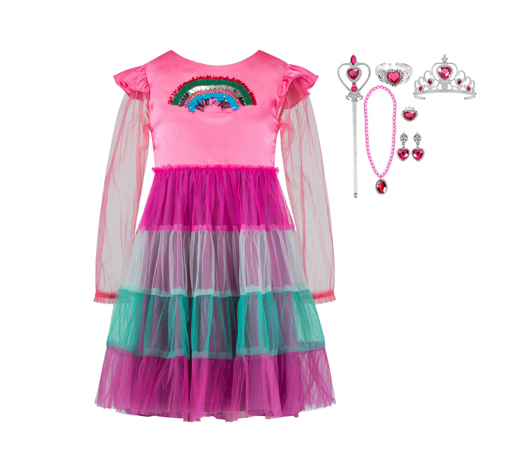 Het Betere Merk - Roze jurk met pailletten -Juwelen - Toverstaf - Kroon