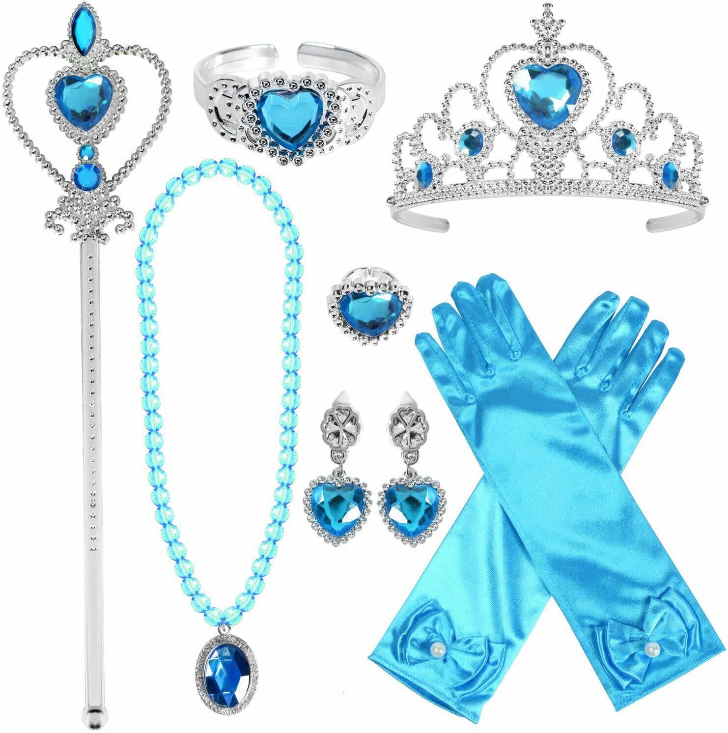 Prinsessen blauw accessoireset - juwelen, toverstaf, kroon, elleboog handschoenen