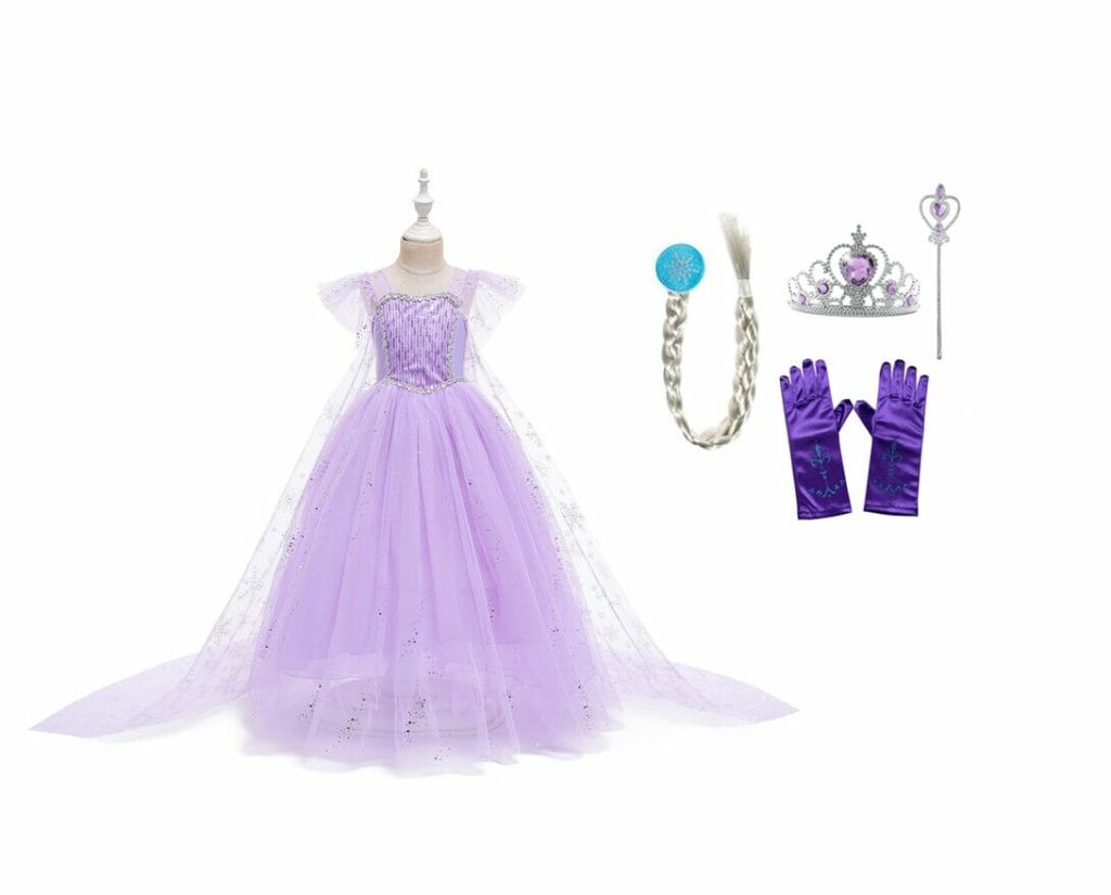Frozen Elsa Jurk - Prinsessenjurk Meisje - Kroon + Toverstaf + Elsa Vlecht + Prinsessen Handschoenen - Paars - Afbeelding 15