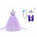 Frozen Elsa Jurk - Prinsessenjurk Meisje - Kroon + Toverstaf + Elsa Vlecht + Prinsessen Handschoenen - Paars