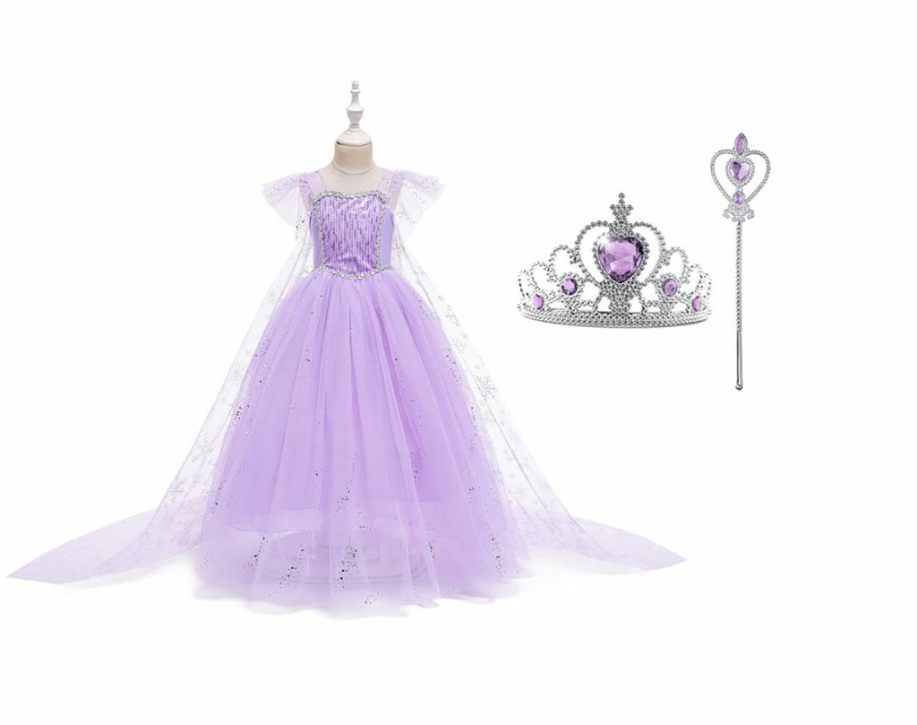 Frozen Elsa Jurk - Prinsessenjurk Meisje - Kroon + Toverstaf + Elsa Vlecht + Prinsessen Handschoenen - Paars - Afbeelding 14