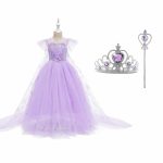 Frozen Elsa Jurk - Prinsessenjurk Meisje - Kroon + Toverstaf + Elsa Vlecht + Prinsessen Handschoenen - Paars