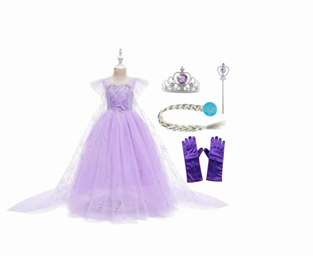 Frozen Elsa Jurk - Prinsessenjurk Meisje - Kroon + Toverstaf + Elsa Vlecht + Prinsessen Handschoenen - Paars - Afbeelding 17