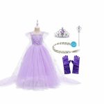 Frozen Elsa Jurk - Prinsessenjurk Meisje - Kroon + Toverstaf + Elsa Vlecht + Prinsessen Handschoenen - Paars