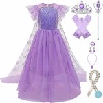 Frozen Elsa Jurk - Prinsessenjurk Meisje - Kroon + Toverstaf + Elsa Vlecht + Prinsessen Handschoenen - Paars