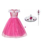 Doornroosje + kroon + toverstaf - roze prinsessenjurk