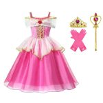 Doornroosje + kroon + toverstaf - roze prinsessenjurk