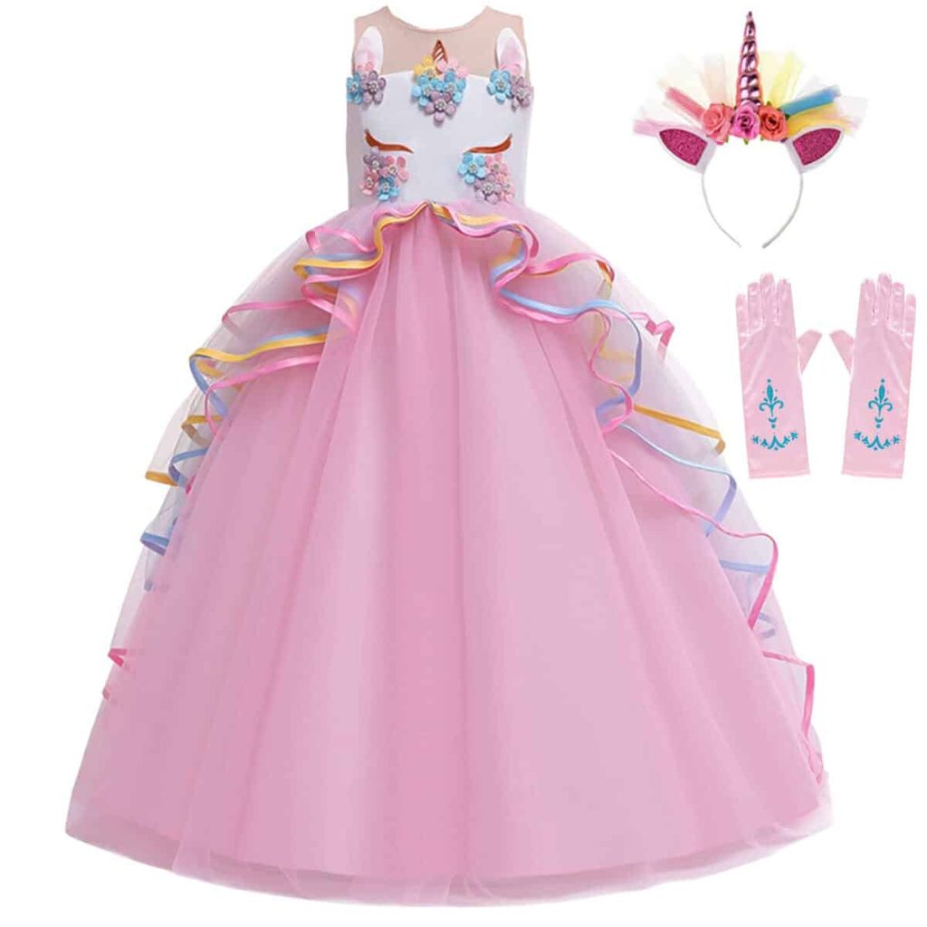 Unicorn Jurk - Eenhoorn Jurk - Roze - Haarband + Prinsessenhandschoenen