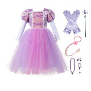 Rapunzel jurk + haarband + toverstaf + juwelen