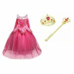 Doornroosje roze prinsessenjurk - verkleedjurk + Kroon + Toverstaf + Roze Prinsessenhandschoenen