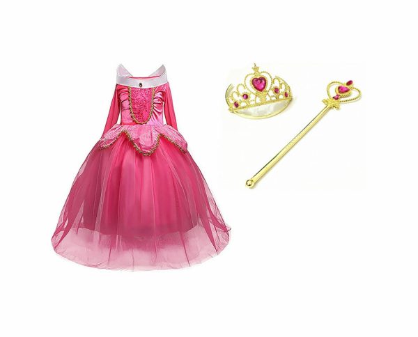 Doornroosje roze prinsessenjurk - verkleedjurk + Kroon + Toverstaf + Roze Prinsessenhandschoenen - Afbeelding 26