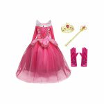 Doornroosje roze prinsessenjurk - verkleedjurk + Kroon + Toverstaf + Roze Prinsessenhandschoenen