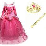 Doornroosje roze prinsessenjurk - verkleedjurk + Kroon + Toverstaf + Roze Prinsessenhandschoenen