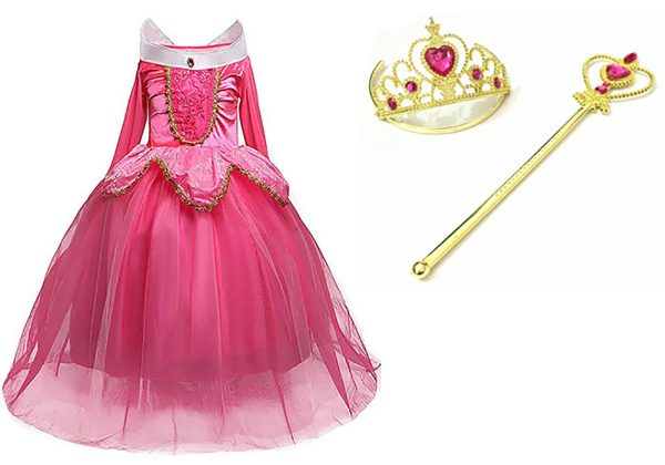 Doornroosje roze prinsessenjurk - verkleedjurk + Kroon + Toverstaf + Roze Prinsessenhandschoenen - Afbeelding 25