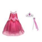 Doornroosje roze prinsessenjurk - verkleedjurk + Kroon + Toverstaf + Roze Prinsessenhandschoenen