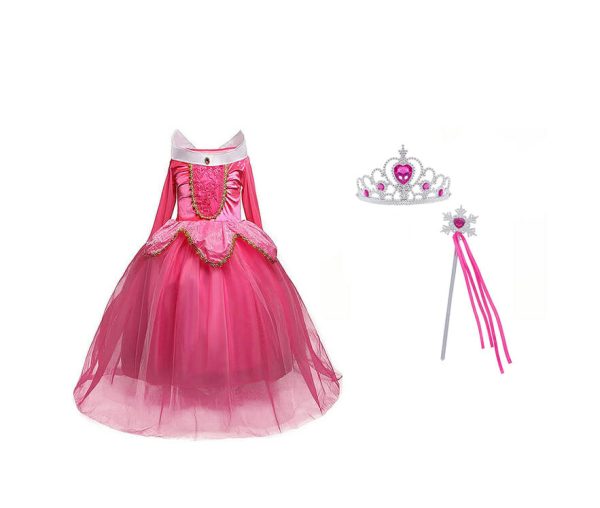 Doornroosje roze prinsessenjurk - verkleedjurk + Kroon + Toverstaf + Roze Prinsessenhandschoenen - Afbeelding 15