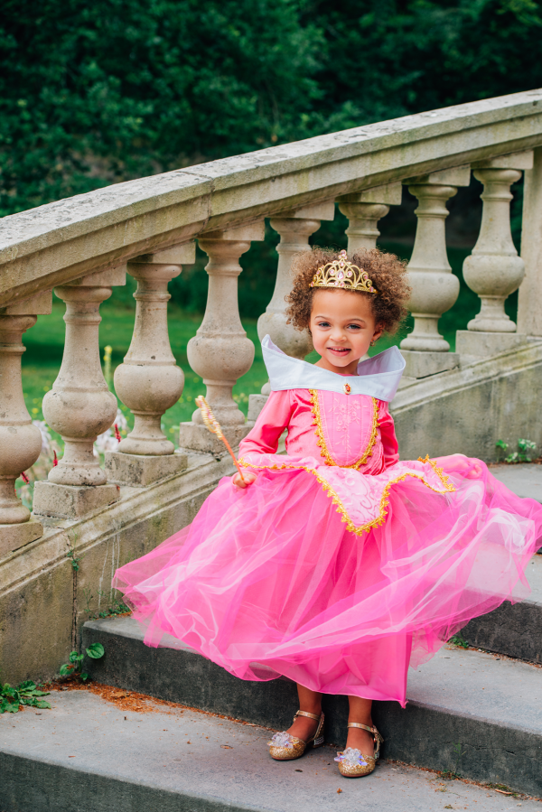 Doornroosje roze prinsessenjurk - verkleedjurk + Kroon + Toverstaf + Roze Prinsessenhandschoenen - Afbeelding 7