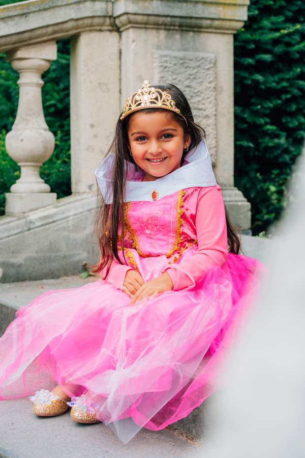 Doornroosje roze prinsessenjurk - verkleedjurk + Kroon + Toverstaf + Roze Prinsessenhandschoenen - Afbeelding 8