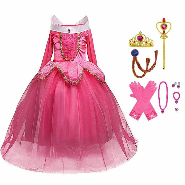 Doornroosje roze prinsessenjurk - verkleedjurk + Kroon + Toverstaf + Roze Prinsessenhandschoenen