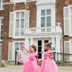 Doornroosje - roze prinsessenjurk vlinders + Kroon + Toverstaf + Handschoenen
