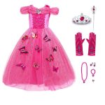 Doornroosje - roze prinsessenjurk vlinders + Kroon + Toverstaf + Handschoenen