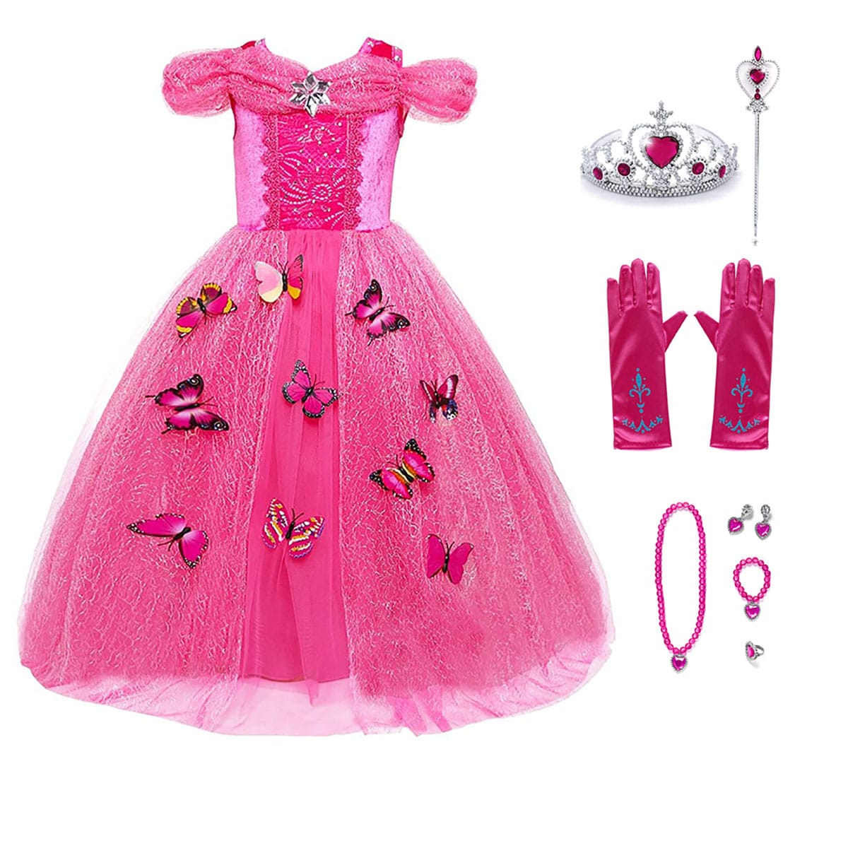 Doornroosje - roze prinsessenjurk vlinders + Kroon + Toverstaf + Handschoenen