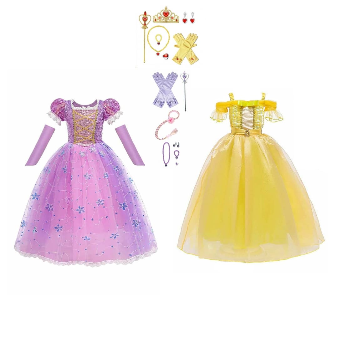 Rapunzel & Belle prinsessenjurk + accessoires - Voordeelpakket