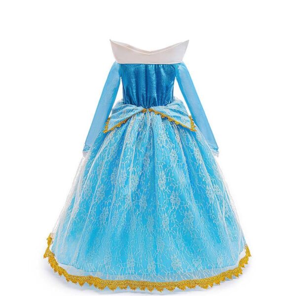 Achterkant prinsessenjurk doornroosje blauw