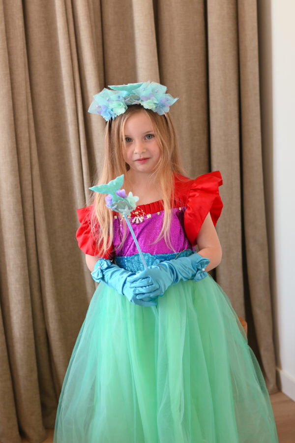 Turquoise Ariel prinsessenjurk met gratis toverstaf en kroon