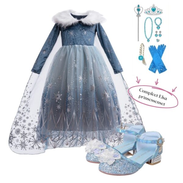 Compleet Frozen Elsa prinsessenpakket blauw met prinsessenschoenen en prinsessenaccessoires